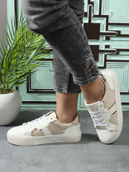 ELLE - Off White & Cream Textured Lace-Ups Women Sneakers