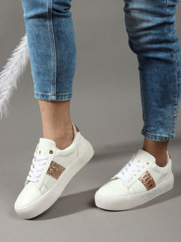 ELLE - Off White Gold Solid Lace-Ups Women Sneakers