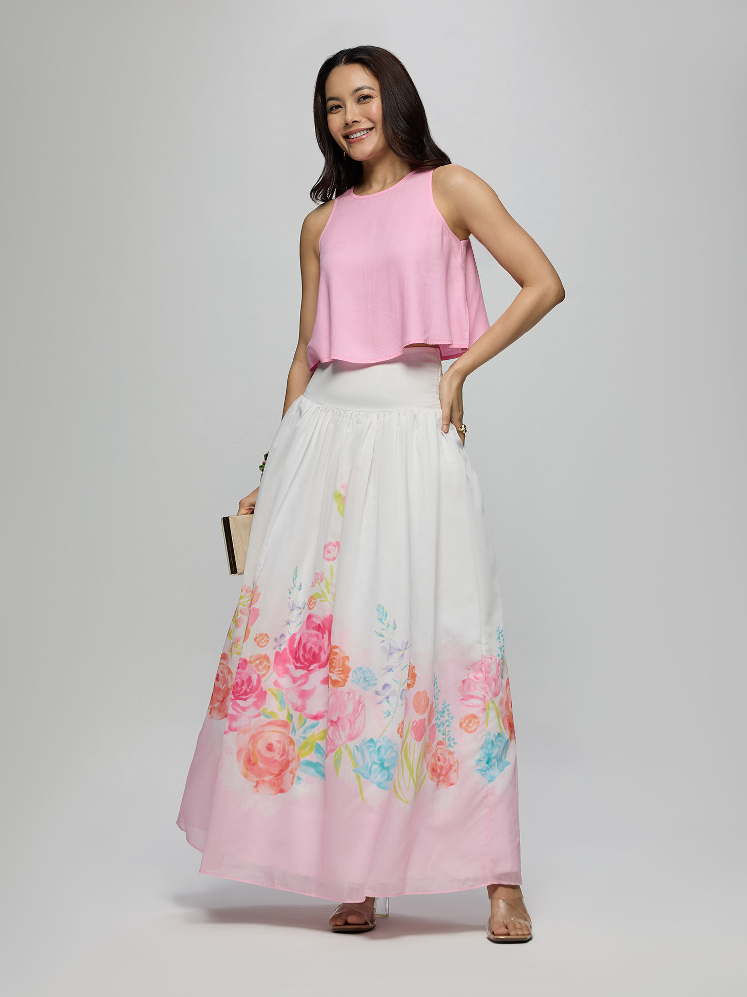 Pink Rayon Crop Top with Chanderi Floral Skirt Blushed Affair (Set of 2)-image-5
