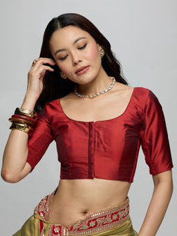 Gajra Gang - Maroon Poly Silk Scoop Neck Half Sleeves Stitched Blouse Boho Naari
