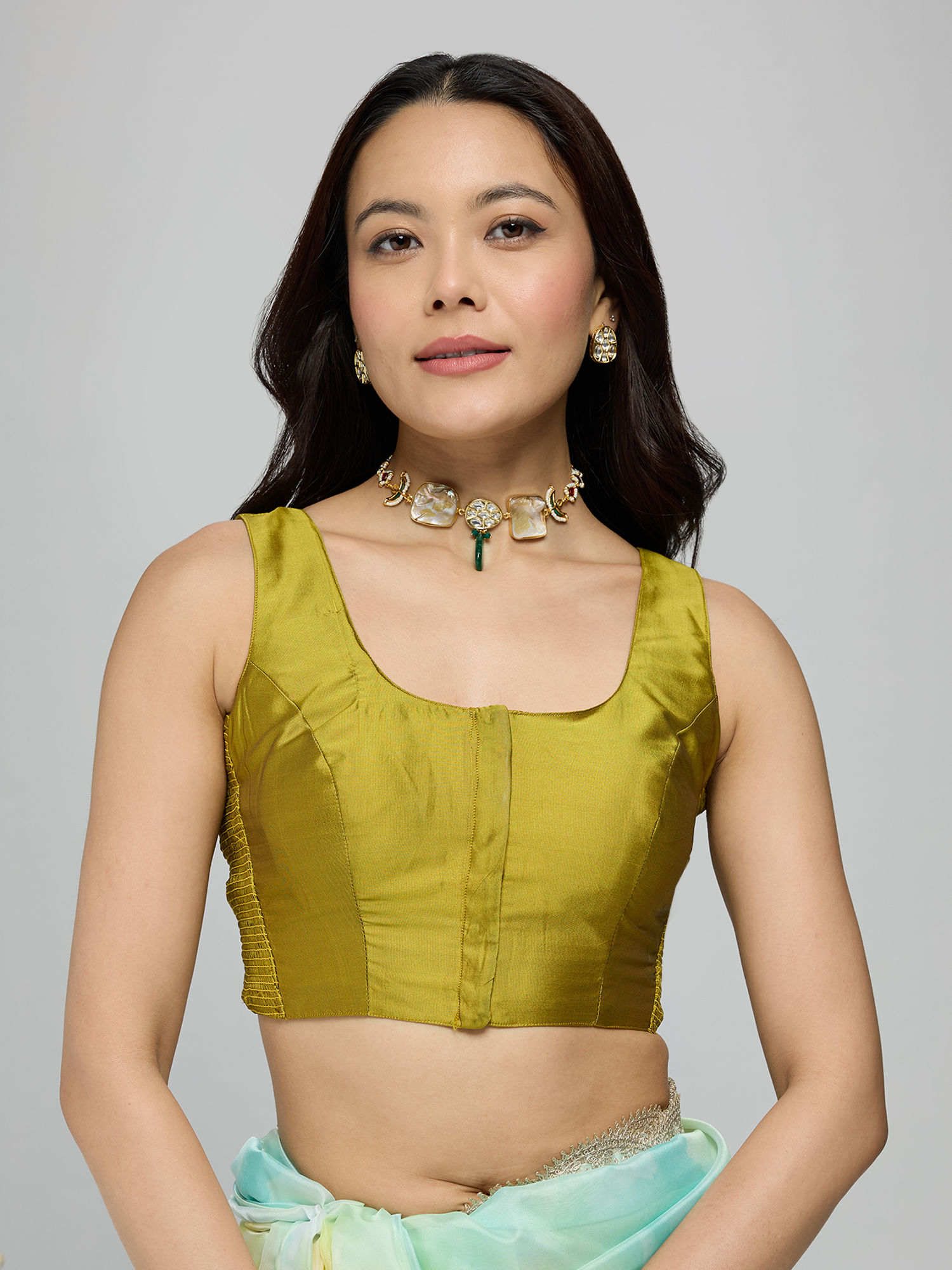 gajra gang Yellow Poly Silk Scoop Neck Side Smocked Sleeveless Stitched Blouse La Dolce Vita-picture-29