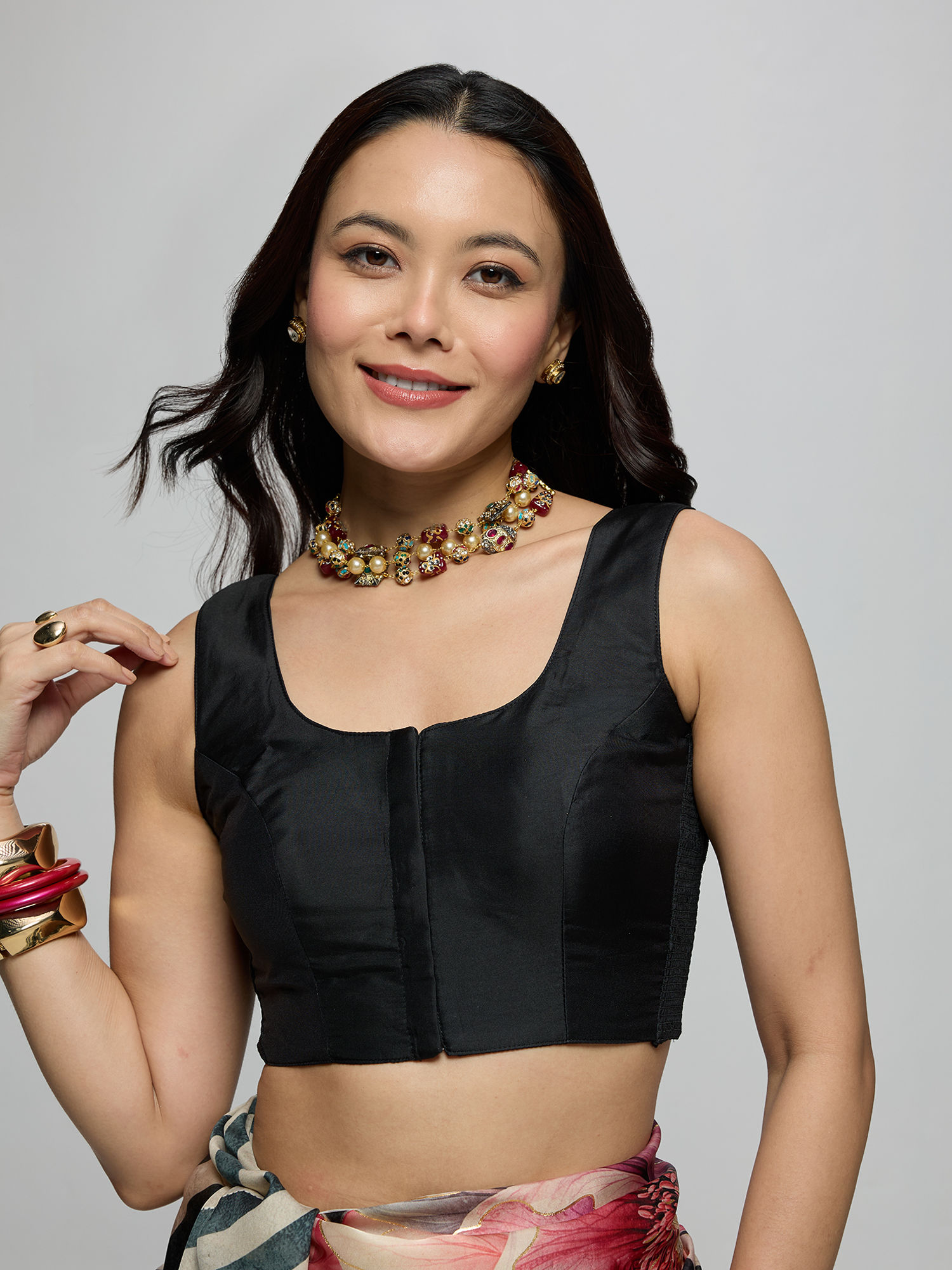 gajra gang Black Poly Silk Scoop Neck Side Smocked Sleeveless Stitched Blouse Boho Naari-picture-15