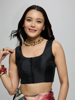 Gajra Gang - Black Poly Silk Scoop Neck Side Smocked Sleeveless Stitched Blouse Boho Naari