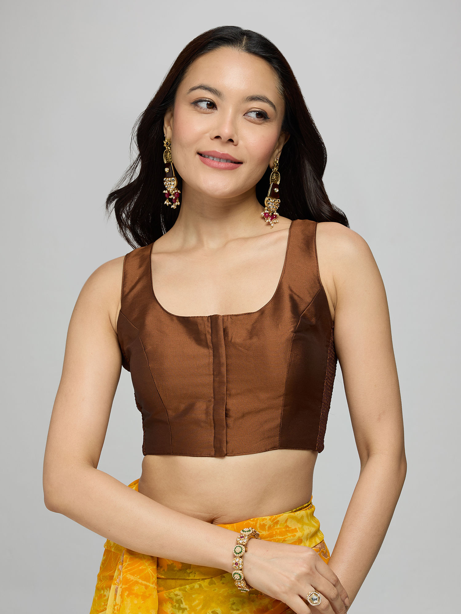 gajra gang Brown Poly Silk Scoop Neck Side Smocked Sleeveless Stitched Blouse Boho Naari-picture-30