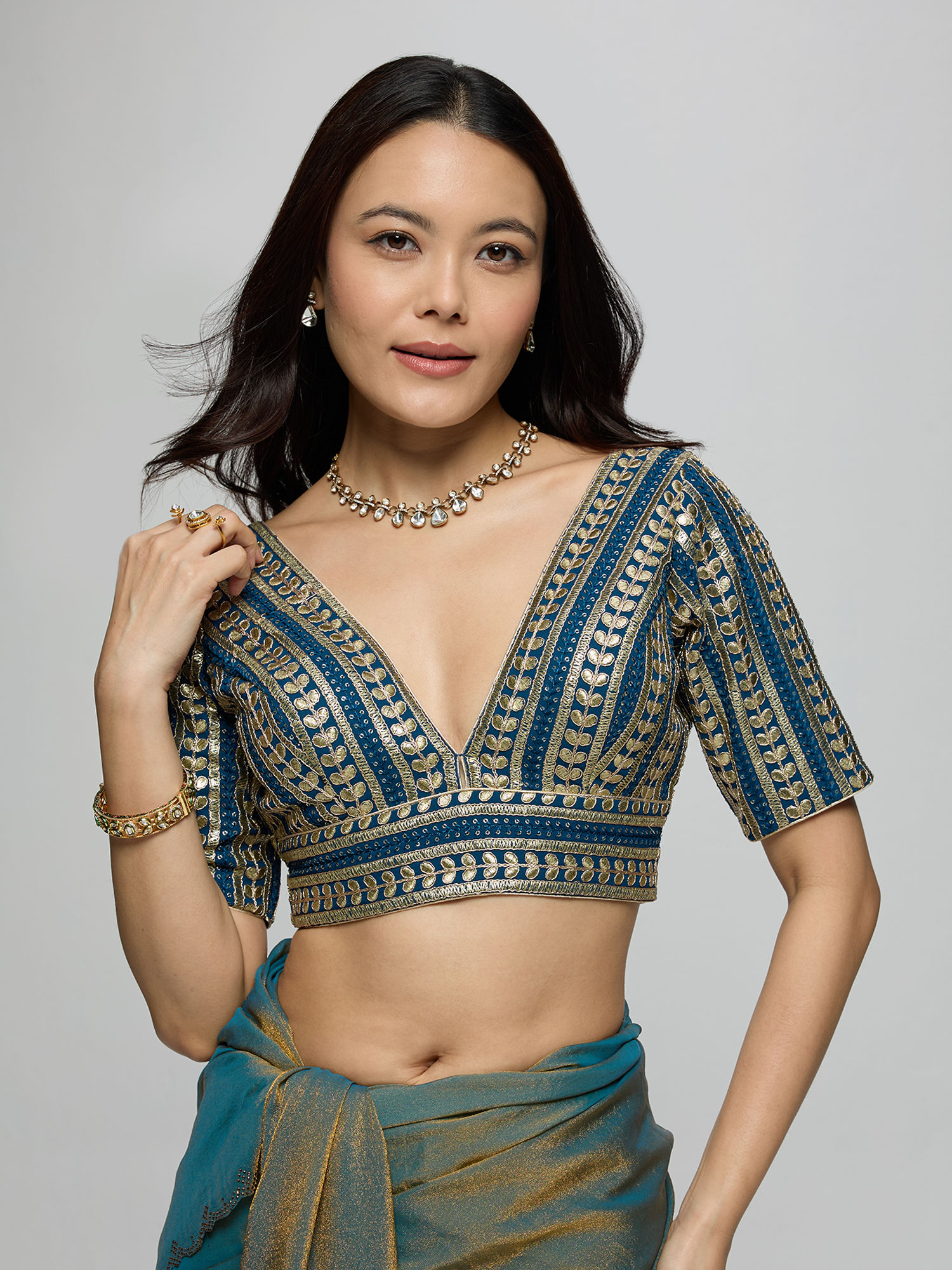 gajra gang Navy Poly Silk Sequin And Gota Embellished Stitched Blouse La Dolce Vita-picture-43