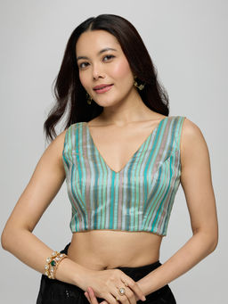 Gajra Gang - Blue Poly Silk Multi-Stripes V-Neck Stitched Blouse La Dolce Vita