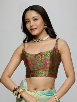 Gajra Gang - Green Poly Silk Floral Jaal Printed Scoop Neck Stitched Blouse La Dolce Vita