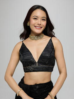 Gajra Gang - Black Poly Silk Strappy Crush Textured V-Neck Stitched Blouse Chalk And Slate