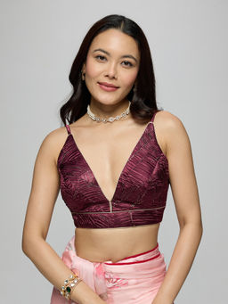 Gajra Gang - Burgundy Poly Silk Strappy Crush Textured V-Neck Stitched Blouse La Dolce Vita