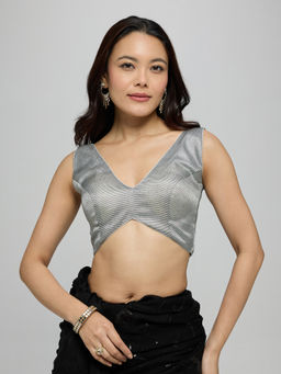 Gajra Gang - Silver Poly Silk Shimmer Stripe V-Neck Stitched Blouse La Dolce Vita
