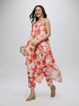 Gajra Gang - Coral Poly Silk Floral One Shoulder Kurta And Pant La Dolce Vita (Set of 2)