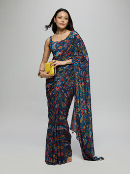 Gajra Gang - Navy Blue Crepe Floral Printed Saree With Unstitched Blouse La Dolce Vita