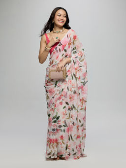 Gajra Gang - Off White Chiffon Leafy Printed Saree With Unstitched Blouse Blushed Affair
