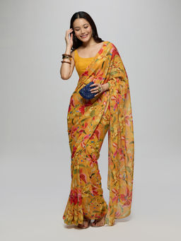 Gajra Gang - Yellow Chiffon Floral Printed Saree With Unstitched Blouse La Dolce Vita