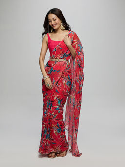 Gajra Gang - Red Chiffon Floral Printed Saree With Unstitched Blouse La Dolce Vita