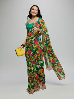 Gajra Gang - Green Chiffon Floral Printed Saree With Unstitched Blouse La Dolce Vita