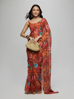 Gajra Gang - Brown Chiffon Floral Printed Saree With Unstitched Blouse La Dolce Vita