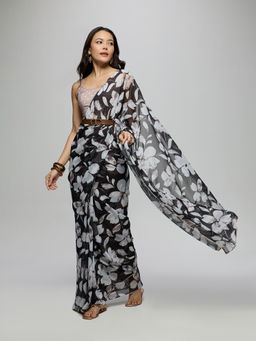 Gajra Gang - Black Chiffon Floral Printed Saree With Unstitched Blouse Chalk And Slate