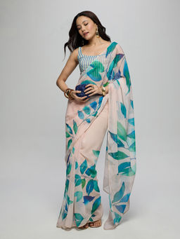 Gajra Gang - Peach Chiffon Leafy Printed Saree With Unstitched Blouse Blushed Affair