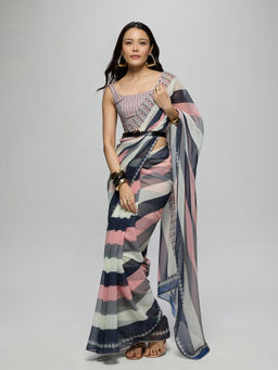 Gajra Gang - Pink Chiffon Stripe Printed Saree With Unstitched Blouse Boho Naari