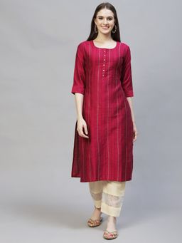 FASHOR - Zari Stripes Embroidered Straight Fit Kurta - Pink