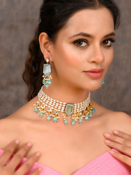 DASTOOR - Womens Gold Plated Green and Pearls Choker Necklace Set