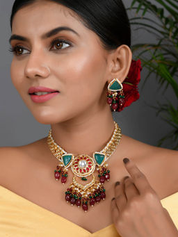 DASTOOR - Womens Gold Plated Multi-Color Designer Necklace Set