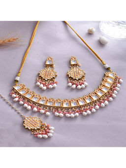 DASTOOR - Womens Gold Plated White and Pink Designer Necklace Set