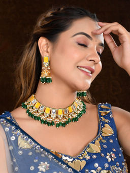 DASTOOR - Womens Gold Plated Yellow and Green Designer Necklace Set