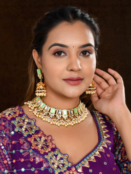 DASTOOR - Womens Gold Plated Green and White Designer Necklace Set