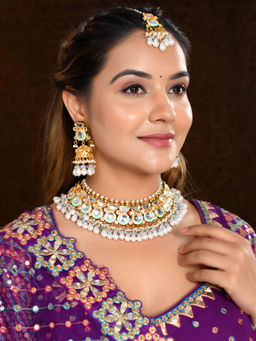 DASTOOR - Womens Gold Plated White Designer Necklace Set