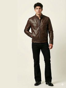 The Clothing Factory - Men'S Brown Faux Leather Biker Jacket