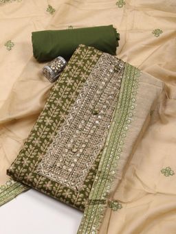 MEENA BAZAAR - Green Printed Cotton Blend Unstitched Dress Material with Dupatta