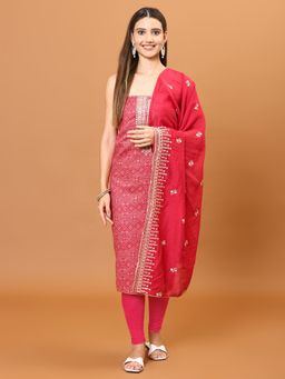 MEENA BAZAAR - Pink Neck Printed and Printed Cotton Unstitched Dress Material with Dupatta