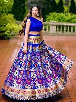 Odette - Blue Jacquard Silk Woven Semi-Stitched Lehenga for Women