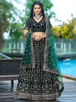 Odette - Green Velvet Embroidered Semi-Stitched Lehenga for Women