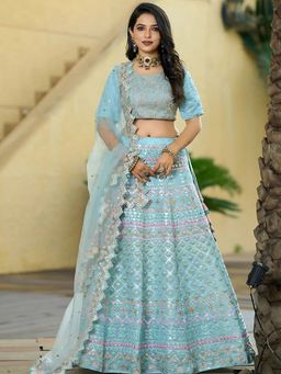 Odette - Sky Blue Silk Blend Embroidered Semi-Stitched Lehenga for Women