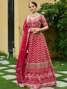 Odette - Red Silk Blend Embroidered Semi-Stitched Lehenga for Women