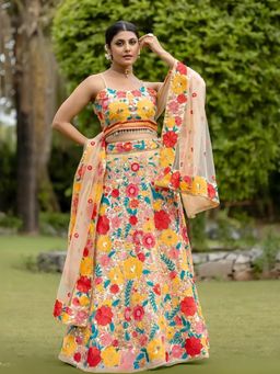 Odette - Yellow Chinon Silk Sequins Floral Semi-Stitched Lehenga for Women