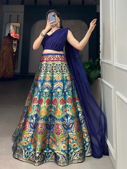 Odette - Blue Jacquard Silk Woven Semi-Stitched Lehenga for Women