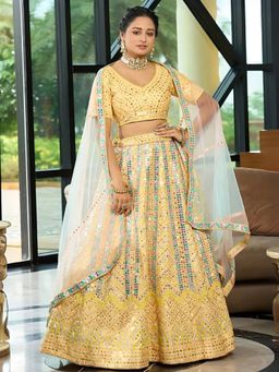 Odette - Yellow Dola Silk Embellished Semi-Stitched Lehenga for Women