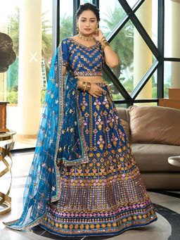 Odette - Blue Chinon Silk Floral Semi-Stitched Lehenga for Women