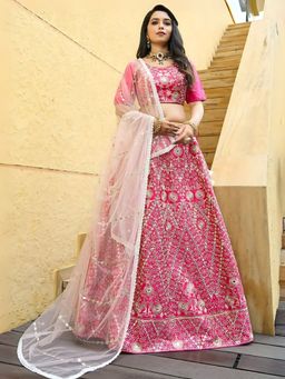 Odette - Pink Silk Blend Embroidered Semi-Stitched Lehenga for Women