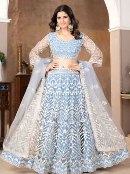 Odette - Light Blue Net Floral Semi-Stitched Lehenga for Women