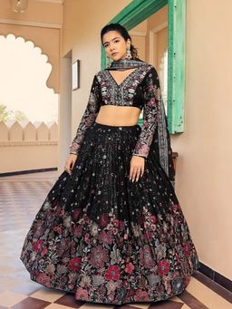 Odette - Black Georgette Floral Semi-Stitched Lehenga for Women