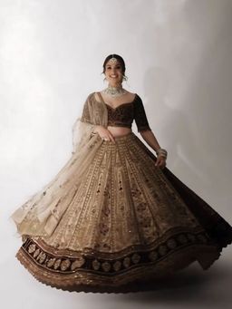 Odette - Brown Silk Blend Embroidered Semi-Stitched Lehenga for Women