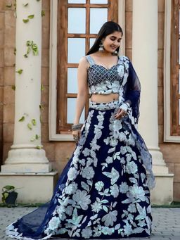 Odette - Navy Blue Georgette Floral Semi-Stitched Lehenga for Women