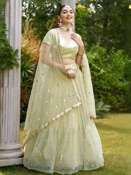 Odette - Pista Green Net Embroidered Semi-Stitched Lehenga for Women