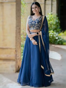 Odette - Blue Georgette Embroidered Semi-Stitched Lehenga for Women