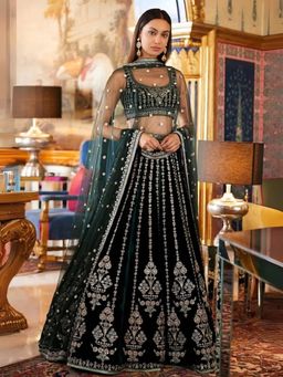 Odette - Dark Green Georgette Embroidered Semi-Stitched Lehenga for Women